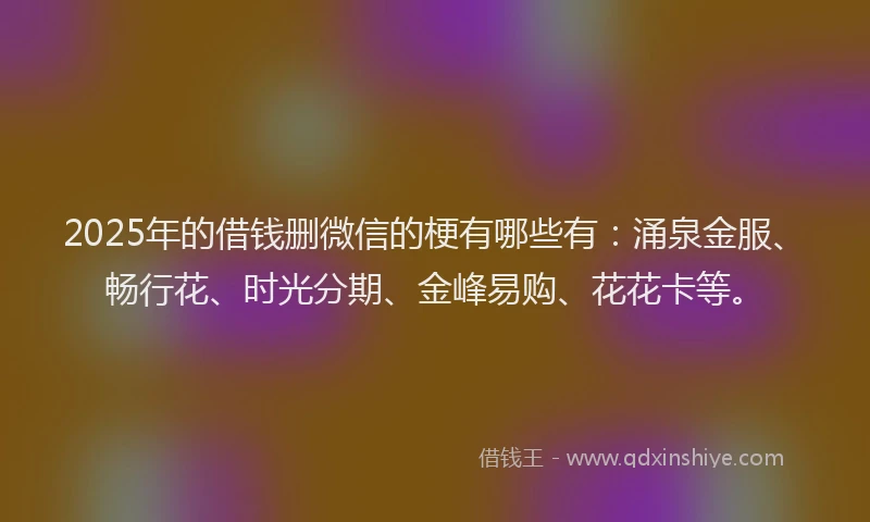 2025年的借钱删微信的梗有哪些有：涌泉金服、畅行花、时光分期、金峰易购、花花卡等。