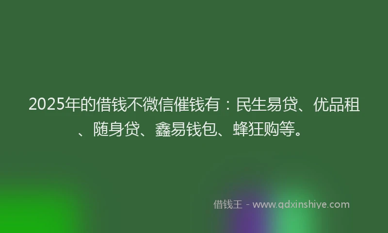 2025年的借钱不微信催钱有：民生易贷、优品租、随身贷、鑫易钱包、蜂狂购等。