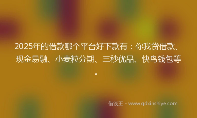 2025年的借款哪个平台好下款有：你我贷借款、现金易融、小麦粒分期、三秒优品、快鸟钱包等。