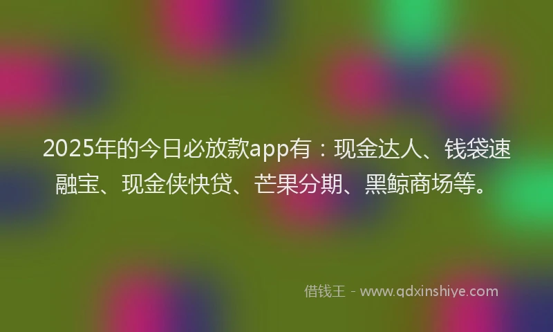 2025年的今日必放款app有：现金达人、钱袋速融宝、现金侠快贷、芒果分期、黑鲸商场等。