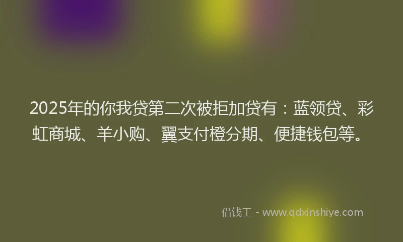 2025年的你我贷第二次被拒加贷有：蓝领贷、彩虹商城、羊小购、翼支付橙分期、便捷钱包等。