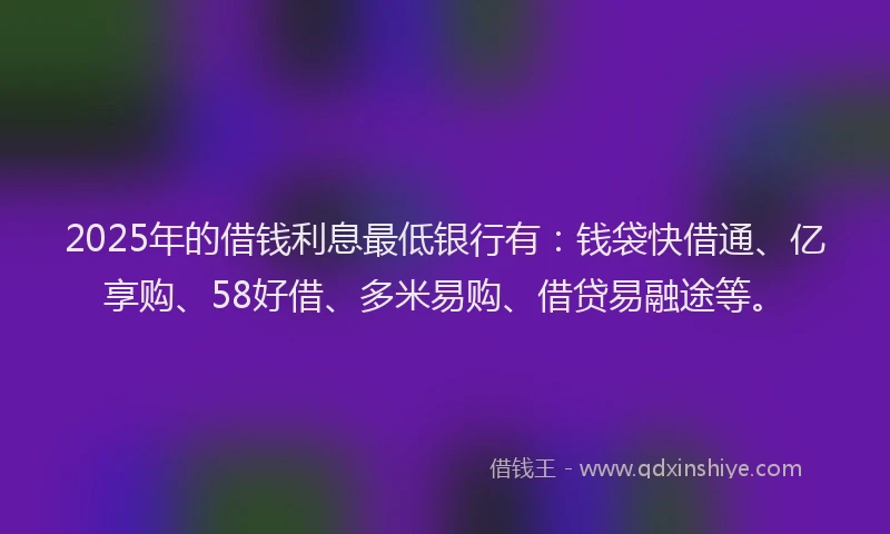 2025年的借钱利息最低银行有：钱袋快借通、亿享购、58好借、多米易购、借贷易融途等。