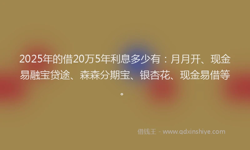 2025年的借20万5年利息多少有：月月开、现金易融宝贷途、森森分期宝、银杏花、现金易借等。