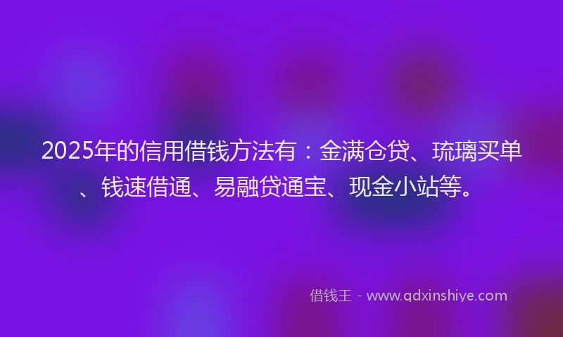 2025年的信用借钱方法有：金满仓贷、琉璃买单、钱速借通、易融贷通宝、现金小站等。