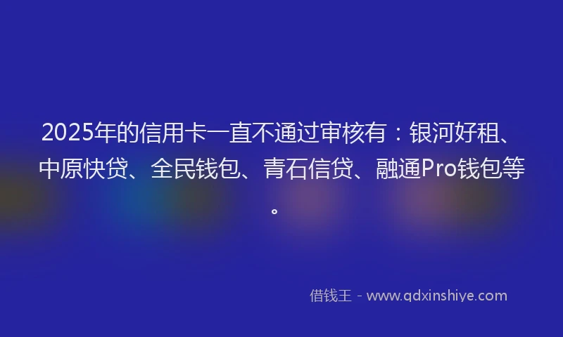 2025年的信用卡一直不通过审核有：银河好租、中原快贷、全民钱包、青石信贷、融通Pro钱包等。
