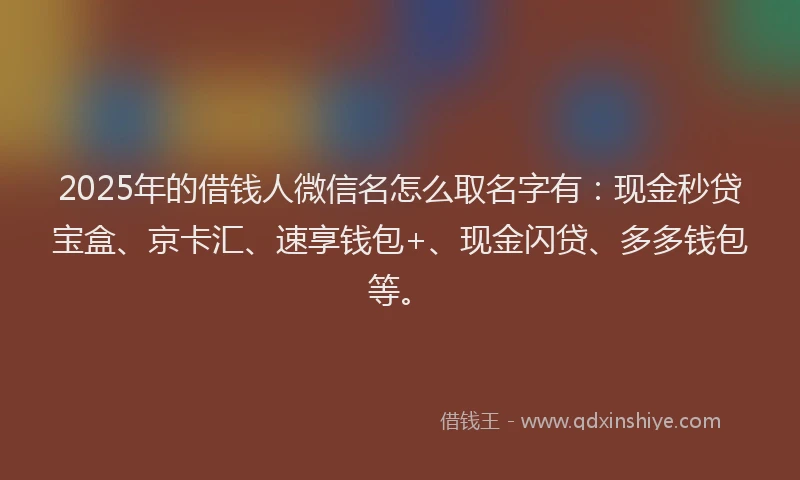 2025年的借钱人微信名怎么取名字有：现金秒贷宝盒、京卡汇、速享钱包+、现金闪贷、多多钱包等。