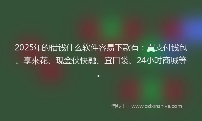2025年的借钱什么软件容易下款有：翼支付钱包、享来花、现金侠快融、宜口袋、24小时商城等。