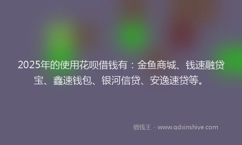 2025年的使用花呗借钱有：金鱼商城、钱速融贷宝、鑫速钱包、银河信贷、安逸速贷等。