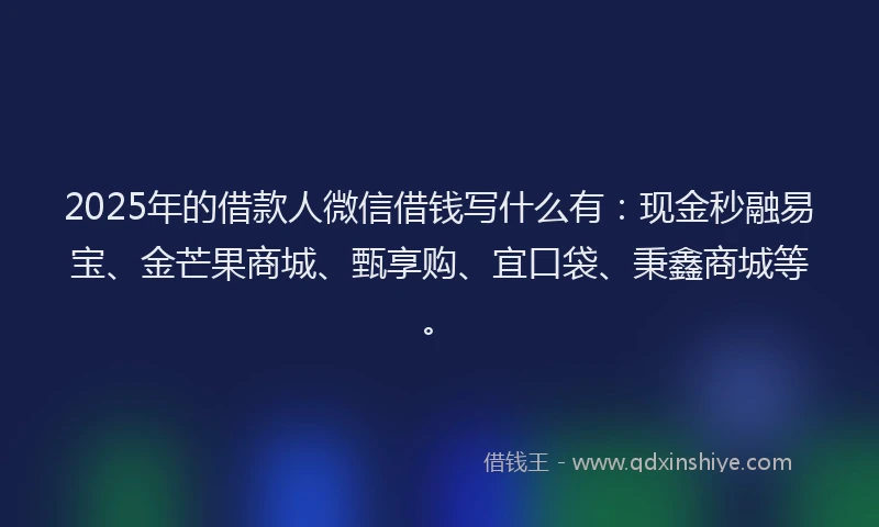 2025年的借款人微信借钱写什么有：现金秒融易宝、金芒果商城、甄享购、宜口袋、秉鑫商城等。