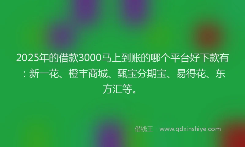 2025年的借款3000马上到账的哪个平台好下款有：新一花、橙丰商城、甄宝分期宝、易得花、东方汇等。