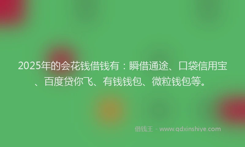 2025年的会花钱借钱有：瞬借通途、口袋信用宝、百度贷你飞、有钱钱包、微粒钱包等。
