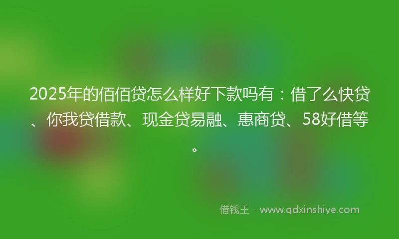2025年的佰佰贷怎么样好下款吗有：借了么快贷、你我贷借款、现金贷易融、惠商贷、58好借等。