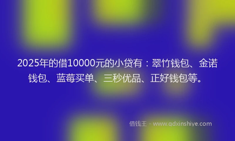 2025年的借10000元的小贷有：翠竹钱包、金诺钱包、蓝莓买单、三秒优品、正好钱包等。