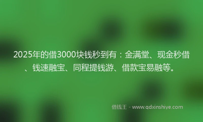 2025年的借3000块钱秒到有：金满堂、现金秒借、钱速融宝、同程提钱游、借款宝易融等。