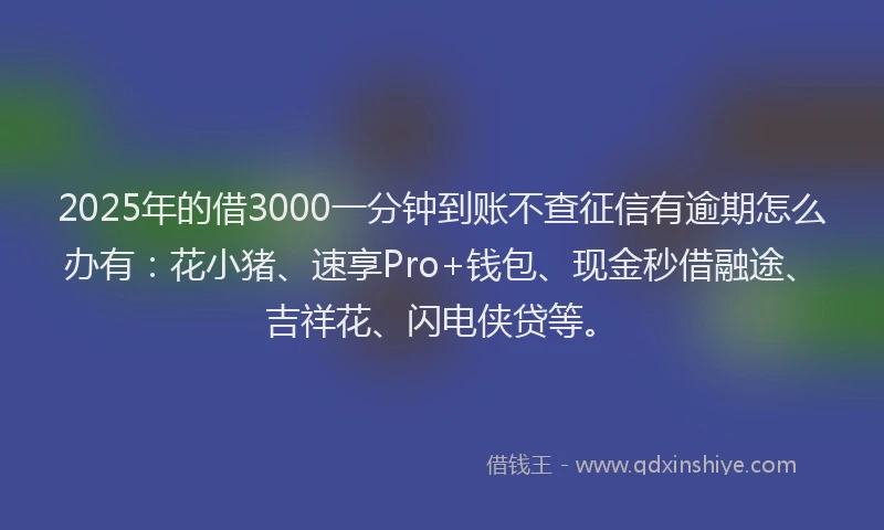 2025年的借3000一分钟到账不查征信有逾期怎么办有：花小猪、速享Pro+钱包、现金秒借融途、吉祥花、闪电侠贷等。