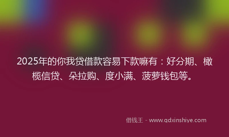 2025年的你我贷借款容易下款嘛有：好分期、橄榄信贷、朵拉购、度小满、菠萝钱包等。