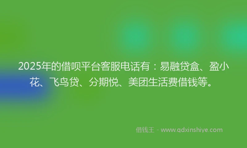 2025年的借呗平台客服电话有：易融贷盒、盈小花、飞鸟贷、分期悦、美团生活费借钱等。