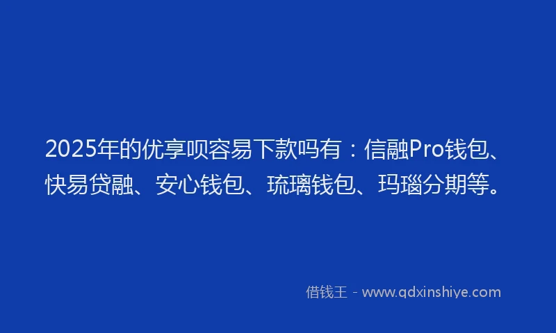 2025年的优享呗容易下款吗有：信融Pro钱包、快易贷融、安心钱包、琉璃钱包、玛瑙分期等。