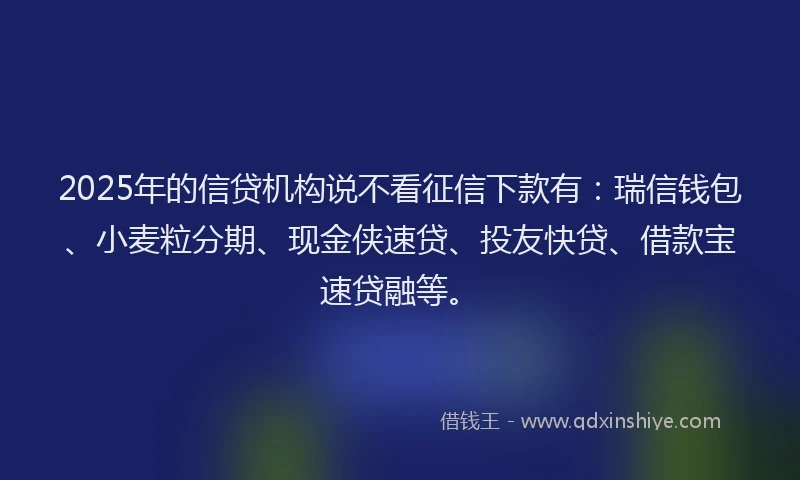 2025年的信贷机构说不看征信下款有：瑞信钱包、小麦粒分期、现金侠速贷、投友快贷、借款宝速贷融等。