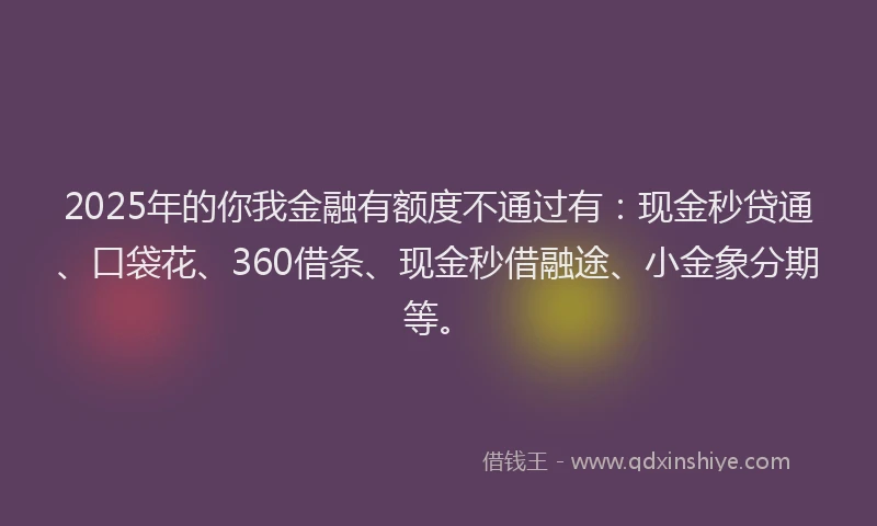 2025年的你我金融有额度不通过有：现金秒贷通、口袋花、360借条、现金秒借融途、小金象分期等。