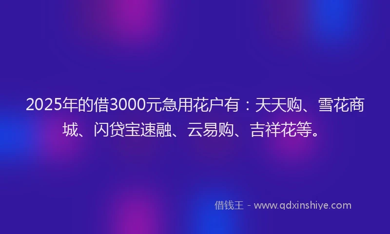 2025年的借3000元急用花户有：天天购、雪花商城、闪贷宝速融、云易购、吉祥花等。