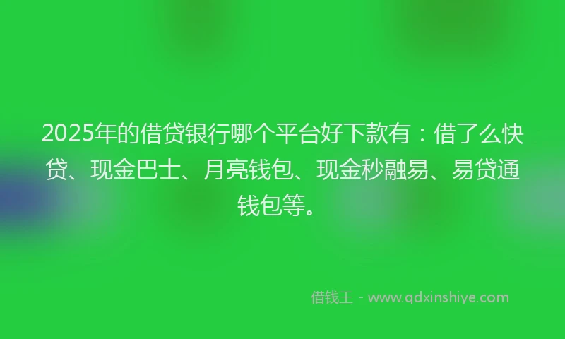 2025年的借贷银行哪个平台好下款有：借了么快贷、现金巴士、月亮钱包、现金秒融易、易贷通钱包等。