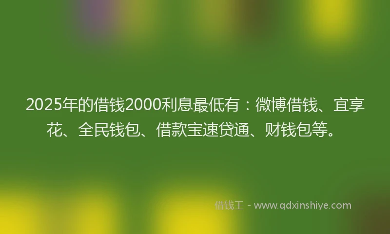 2025年的借钱2000利息最低有：微博借钱、宜享花、全民钱包、借款宝速贷通、财钱包等。