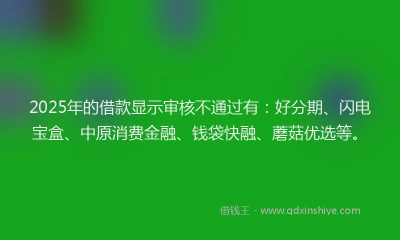 2025年的借款显示审核不通过有：好分期、闪电宝盒、中原消费金融、钱袋快融、蘑菇优选等。