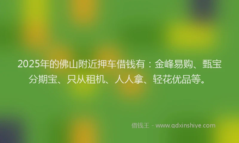 2025年的佛山附近押车借钱有：金峰易购、甄宝分期宝、只从租机、人人拿、轻花优品等。
