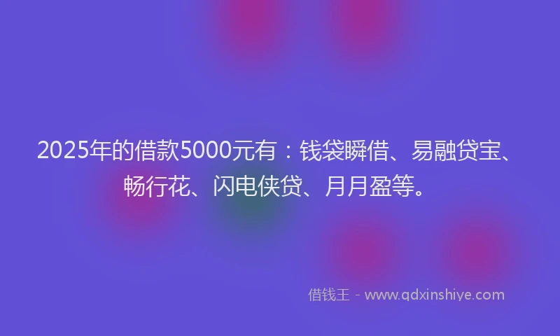 2025年的借款5000元有：钱袋瞬借、易融贷宝、畅行花、闪电侠贷、月月盈等。