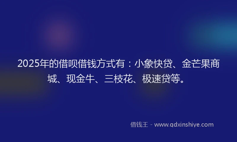 2025年的借呗借钱方式有：小象快贷、金芒果商城、现金牛、三枝花、极速贷等。