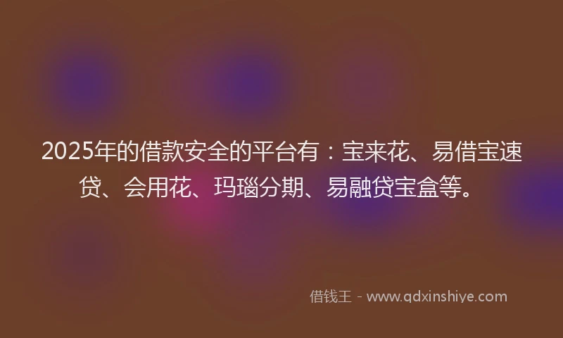 2025年的借款安全的平台有：宝来花、易借宝速贷、会用花、玛瑙分期、易融贷宝盒等。