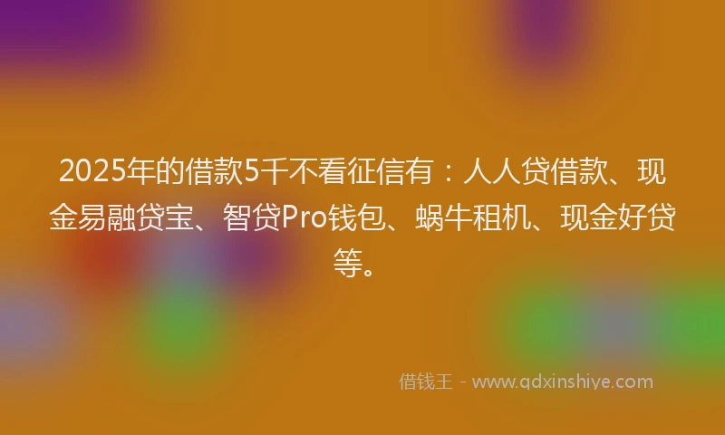 2025年的借款5千不看征信有：人人贷借款、现金易融贷宝、智贷Pro钱包、蜗牛租机、现金好贷等。