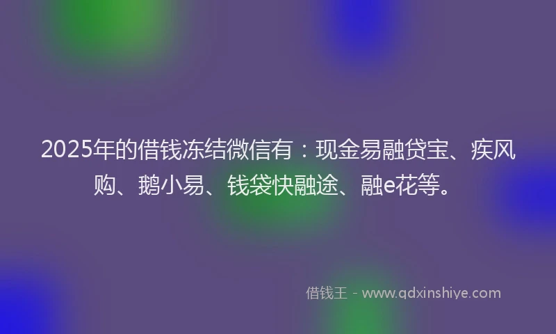 2025年的借钱冻结微信有：现金易融贷宝、疾风购、鹅小易、钱袋快融途、融e花等。