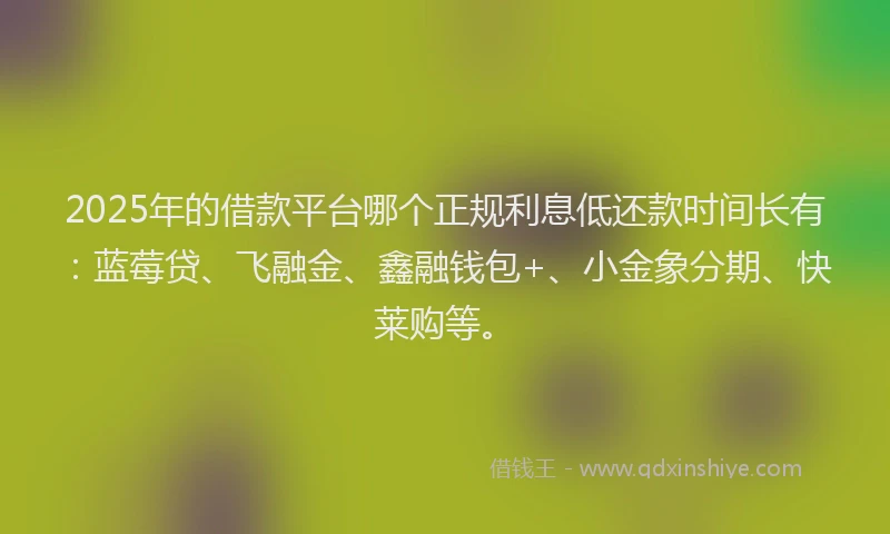 2025年的借款平台哪个正规利息低还款时间长有：蓝莓贷、飞融金、鑫融钱包+、小金象分期、快莱购等。