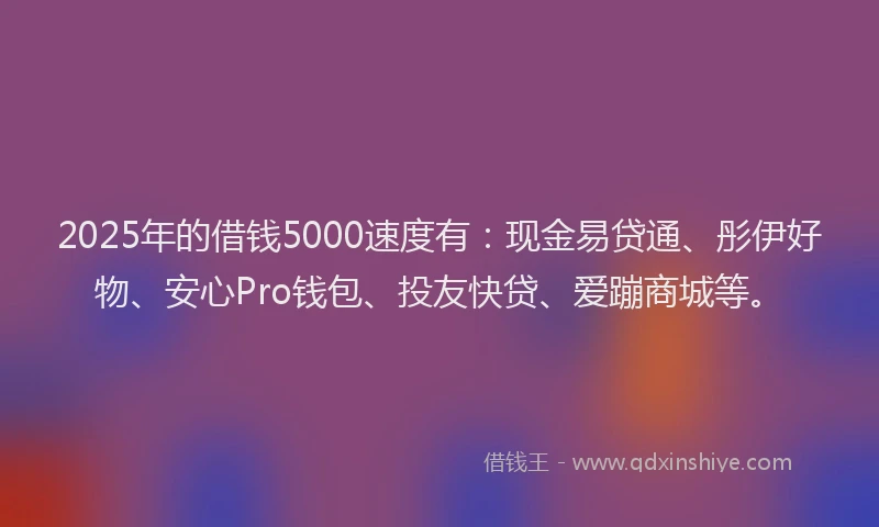 2025年的借钱5000速度有：现金易贷通、彤伊好物、安心Pro钱包、投友快贷、爱蹦商城等。