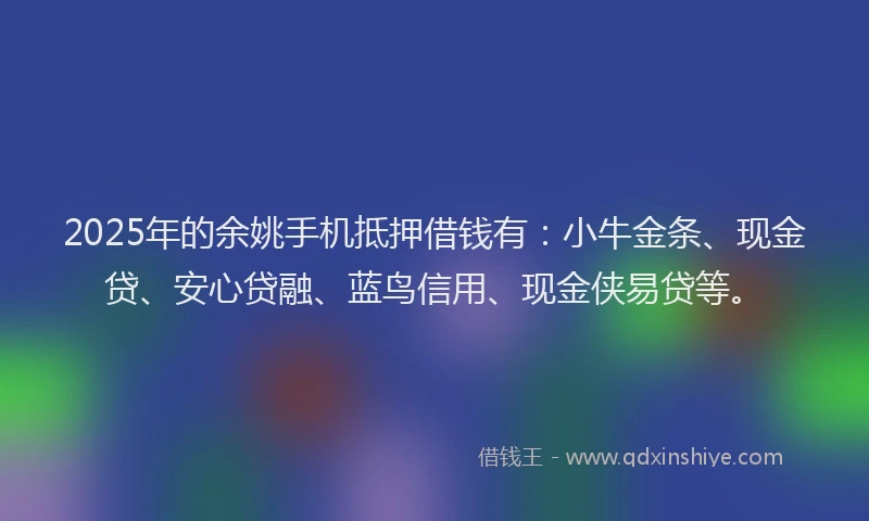 2025年的余姚手机抵押借钱有：小牛金条、现金贷、安心贷融、蓝鸟信用、现金侠易贷等。