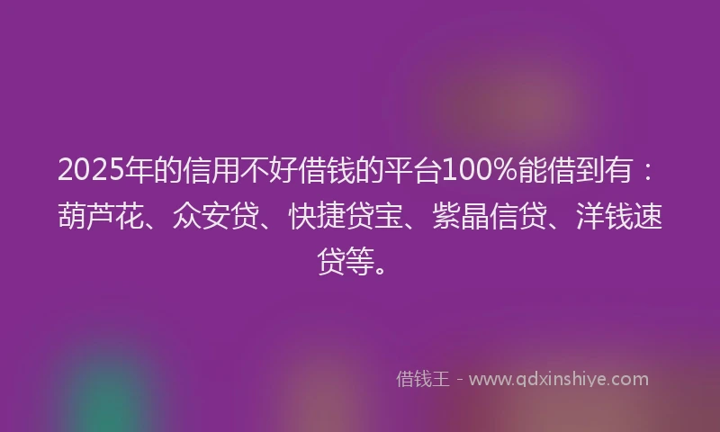 2025年的信用不好借钱的平台100%能借到有：葫芦花、众安贷、快捷贷宝、紫晶信贷、洋钱速贷等。