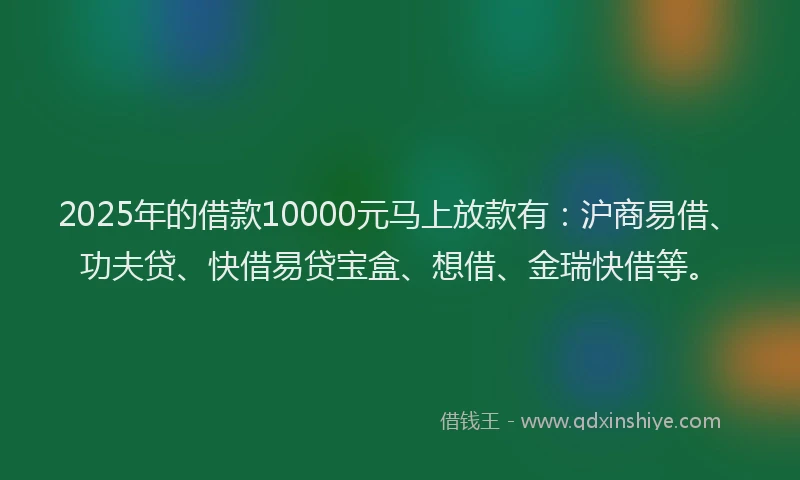 2025年的借款10000元马上放款有：沪商易借、功夫贷、快借易贷宝盒、想借、金瑞快借等。