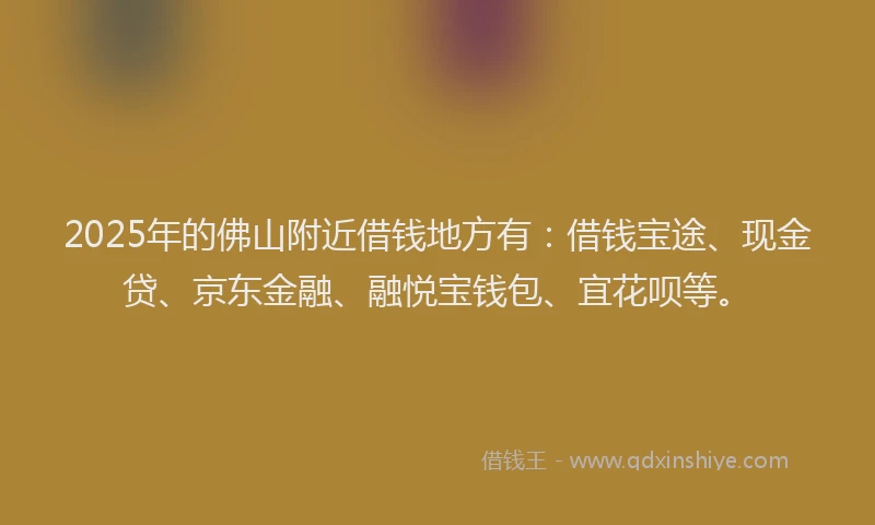 2025年的佛山附近借钱地方有：借钱宝途、现金贷、京东金融、融悦宝钱包、宜花呗等。
