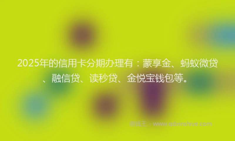 2025年的信用卡分期办理有：蒙享金、蚂蚁微贷、融信贷、读秒贷、金悦宝钱包等。
