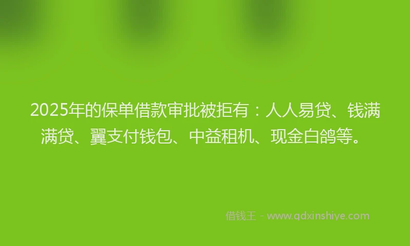 2025年的保单借款审批被拒有：人人易贷、钱满满贷、翼支付钱包、中益租机、现金白鸽等。