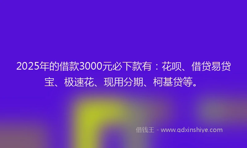 2025年的借款3000元必下款有：花呗、借贷易贷宝、极速花、现用分期、柯基贷等。