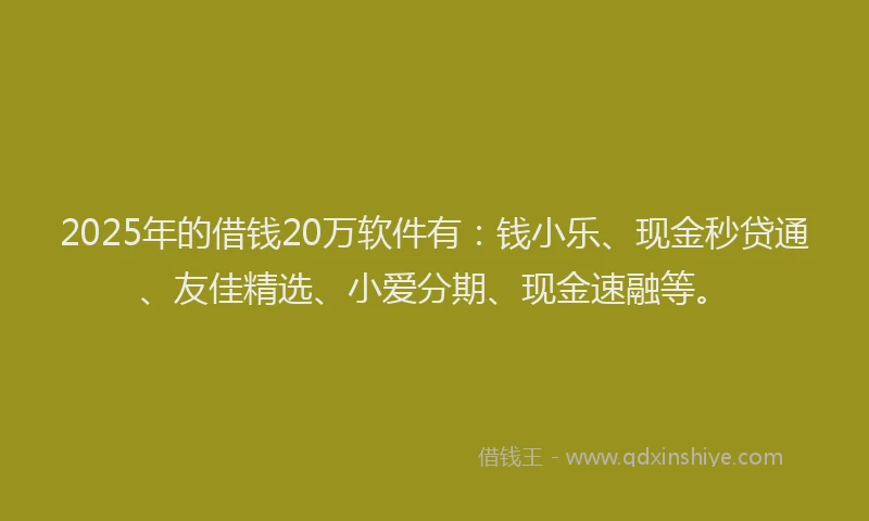 2025年的借钱20万软件有：钱小乐、现金秒贷通、友佳精选、小爱分期、现金速融等。