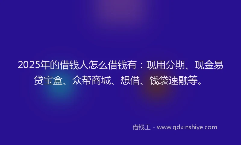 2025年的借钱人怎么借钱有：现用分期、现金易贷宝盒、众帮商城、想借、钱袋速融等。