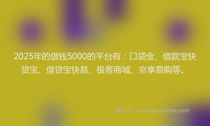 2025年的借钱5000的平台有：口袋金、借款宝快贷宝、借贷宝快易、极客商城、京享易购等。