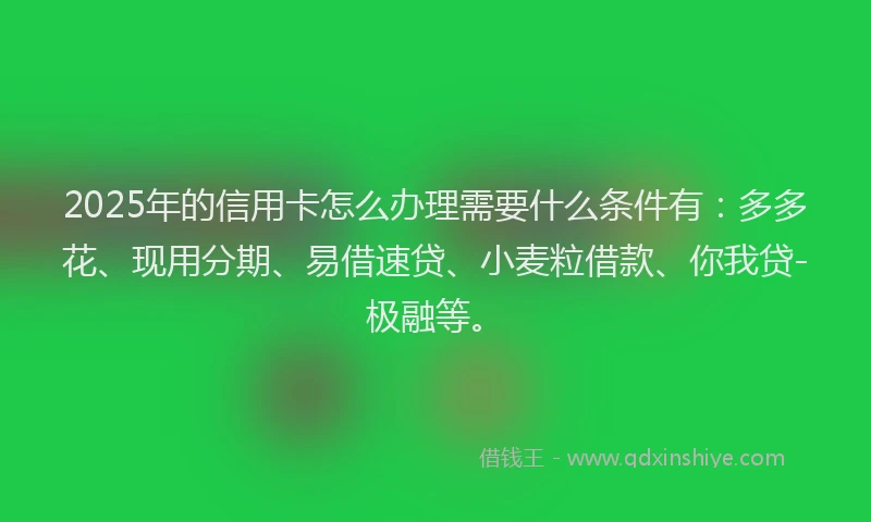 2025年的信用卡怎么办理需要什么条件有：多多花、现用分期、易借速贷、小麦粒借款、你我贷-极融等。