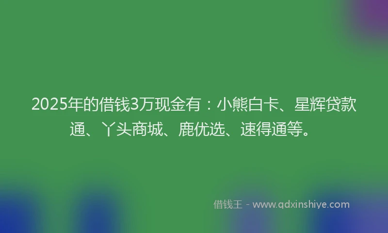 2025年的借钱3万现金有：小熊白卡、星辉贷款通、丫头商城、鹿优选、速得通等。
