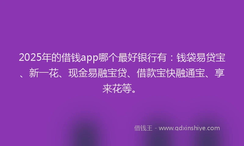 2025年的借钱app哪个最好银行有：钱袋易贷宝、新一花、现金易融宝贷、借款宝快融通宝、享来花等。
