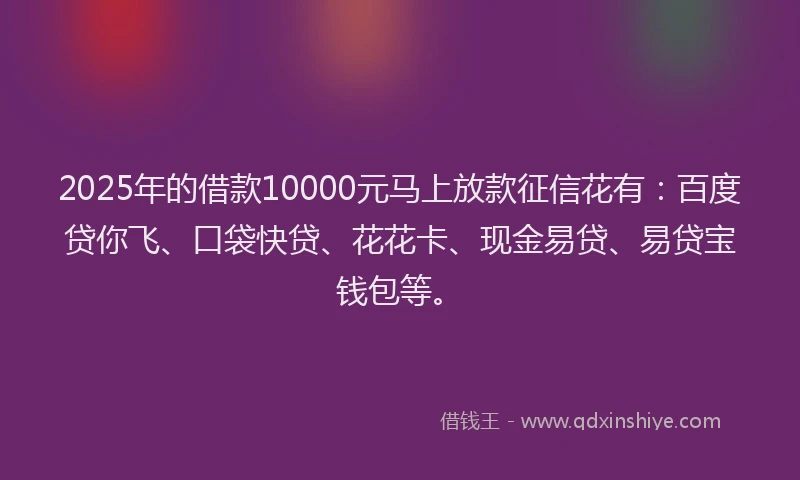 2025年的借款10000元马上放款征信花有：百度贷你飞、口袋快贷、花花卡、现金易贷、易贷宝钱包等。